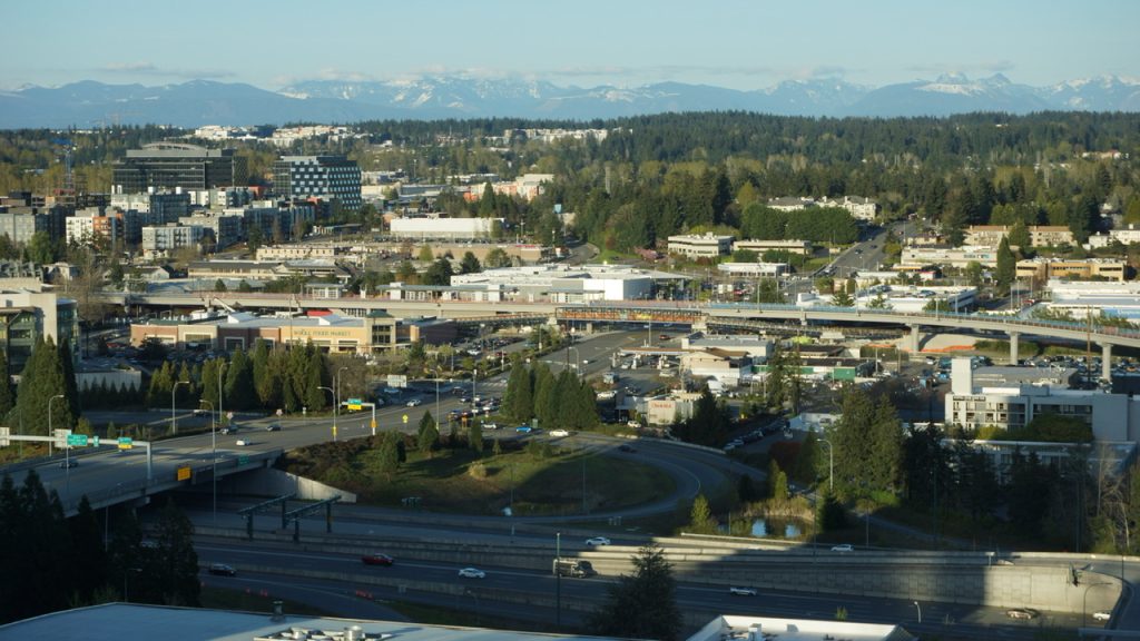 View of Bellevue with the East Link light rail construction of a road crossing bridge. 