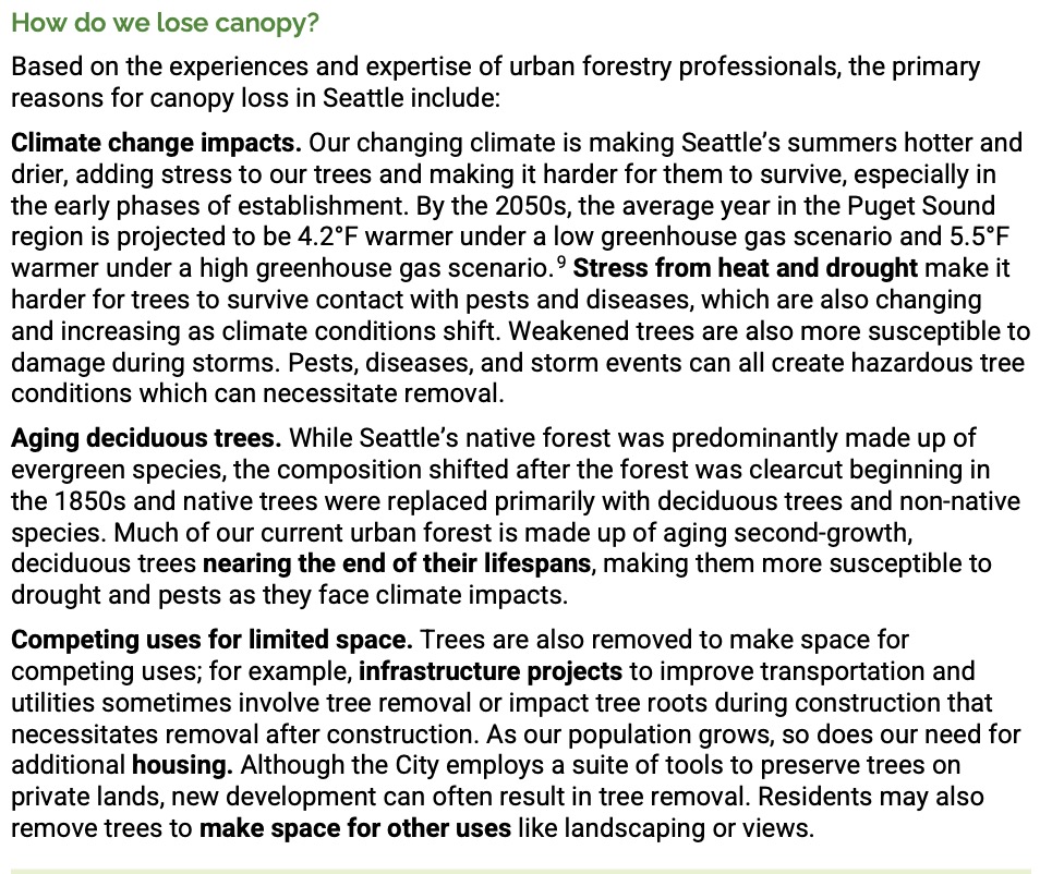 Text excerpt reads: How do we lose canopy?
Based on the experiences and expertise of urban forestry professionals, the primary
reasons for canopy loss in Seattle include:
Climate change impacts. Our changing climate is making Seattle’s summers hotter and
drier, adding stress to our trees and making it harder for them to survive, especially in
the early phases of establishment. By the 2050s, the average year in the Puget Sound
region is projected to be 4.2°F warmer under a low greenhouse gas scenario and 5.5°F
warmer under a high greenhouse gas scenario.9 Stress from heat and drought make it
harder for trees to survive contact with pests and diseases, which are also changing
and increasing as climate conditions shift. Weakened trees are also more susceptible to
damage during storms. Pests, diseases, and storm events can all create hazardous tree
conditions which can necessitate removal.
Aging deciduous trees. While Seattle’s native forest was predominantly made up of
evergreen species, the composition shifted after the forest was clearcut beginning in
the 1850s and native trees were replaced primarily with deciduous trees and non-native
species. Much of our current urban forest is made up of aging second-growth,
deciduous trees nearing the end of their lifespans, making them more susceptible to
drought and pests as they face climate impacts.
Competing uses for limited space. Trees are also removed to make space for
competing uses; for example, infrastructure projects to improve transportation and
utilities sometimes involve tree removal or impact tree roots during construction that
necessitates removal after construction. As our population grows, so does our need for
additional housing. Although the City employs a suite of tools to preserve trees on
private lands, new development can often result in tree removal. Residents may also
remove trees to make space for other uses like landscaping or views. 