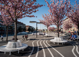 Copenhagen’s Superkilen: A Model for Culturally Diverse Public Spaces Circular white benches surround cherry trees in bloom