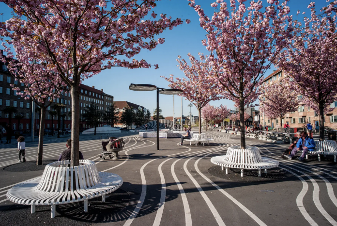 Circular white benches surround cherry trees in bloom