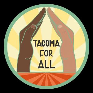 Two hands held up forming the shape of a house roof with name, Tacoma for All between them.