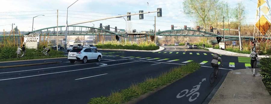 Street view showing new proposed bike lanes on NE 116th Street and the proposed multi-use overpass bridge at NE 124th Avenue.