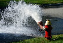 Op-Ed: Seattle’s Water Main Upgrade Policy is Causing Higher Costs and Homebuilding Snags A red fire hydrant shows a five foot geyser of water on some green grass.