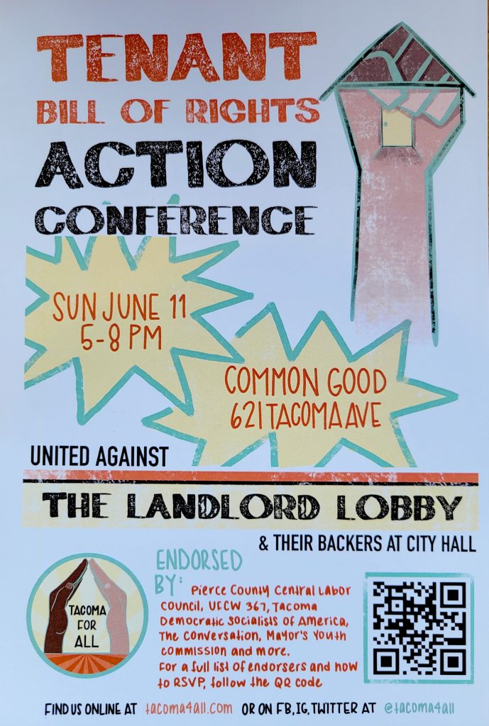 Poster of upcoming Tenant Bill of Rights Conference, Sunday, June 11, 5-8pm, at Common Good, 621 Tacoma Avenue.