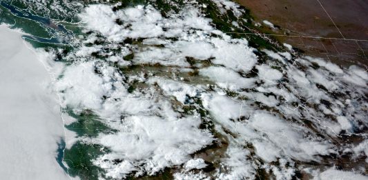 Satellite photo of the Pacific Northwest with cloud cover on May 15, 2023