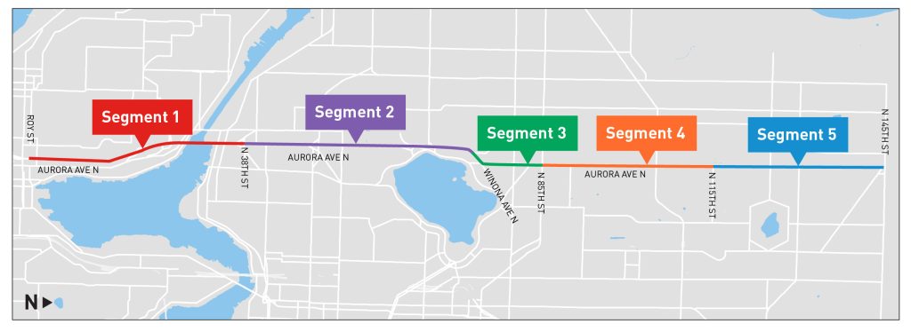 A map of the Aurora Ave corridor broken into five segments