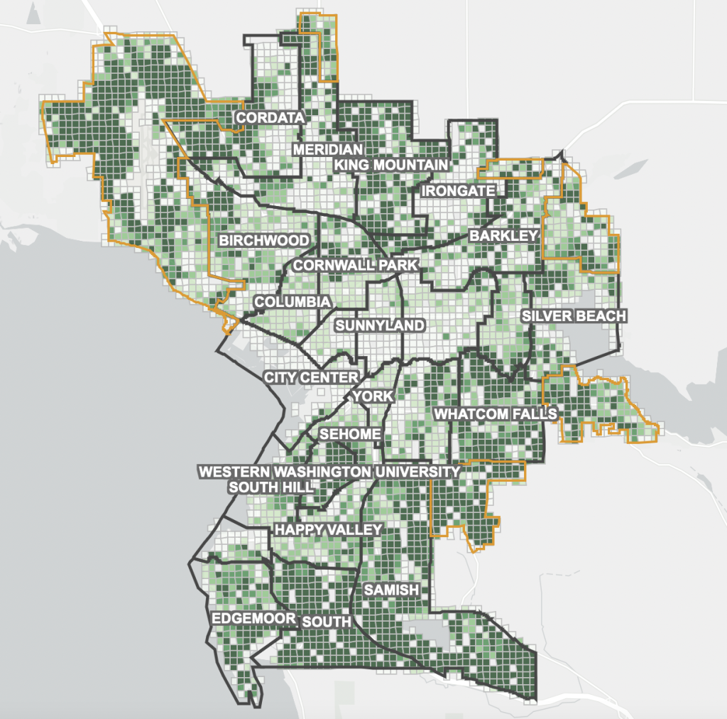 A map of tree canopy in Bellingham WA