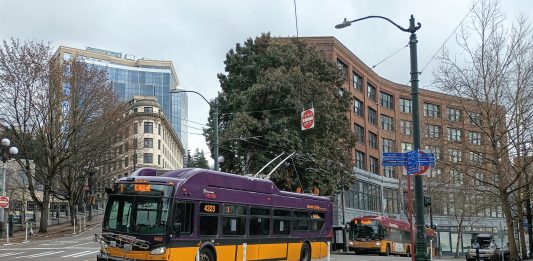 Two buses queue on Prefontaine Place in downtown Seattle