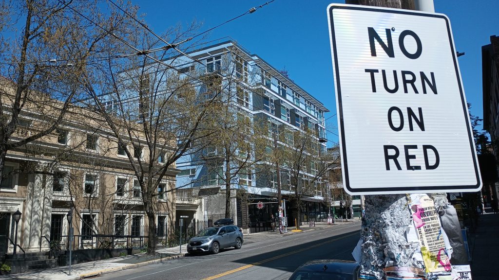 No Turn on Red sign on a street in Capitol Hill