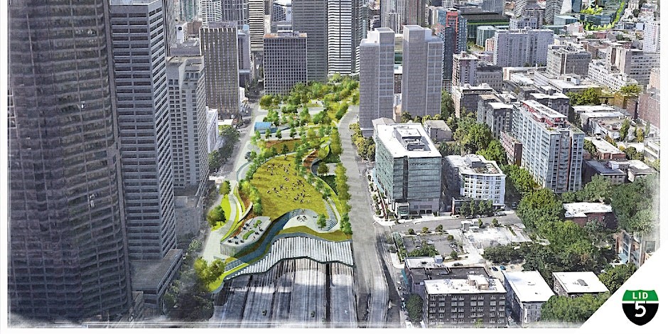 Landscape rendering of Downtown Seattle buildings on either side of an an I-5 highway lid park idea.