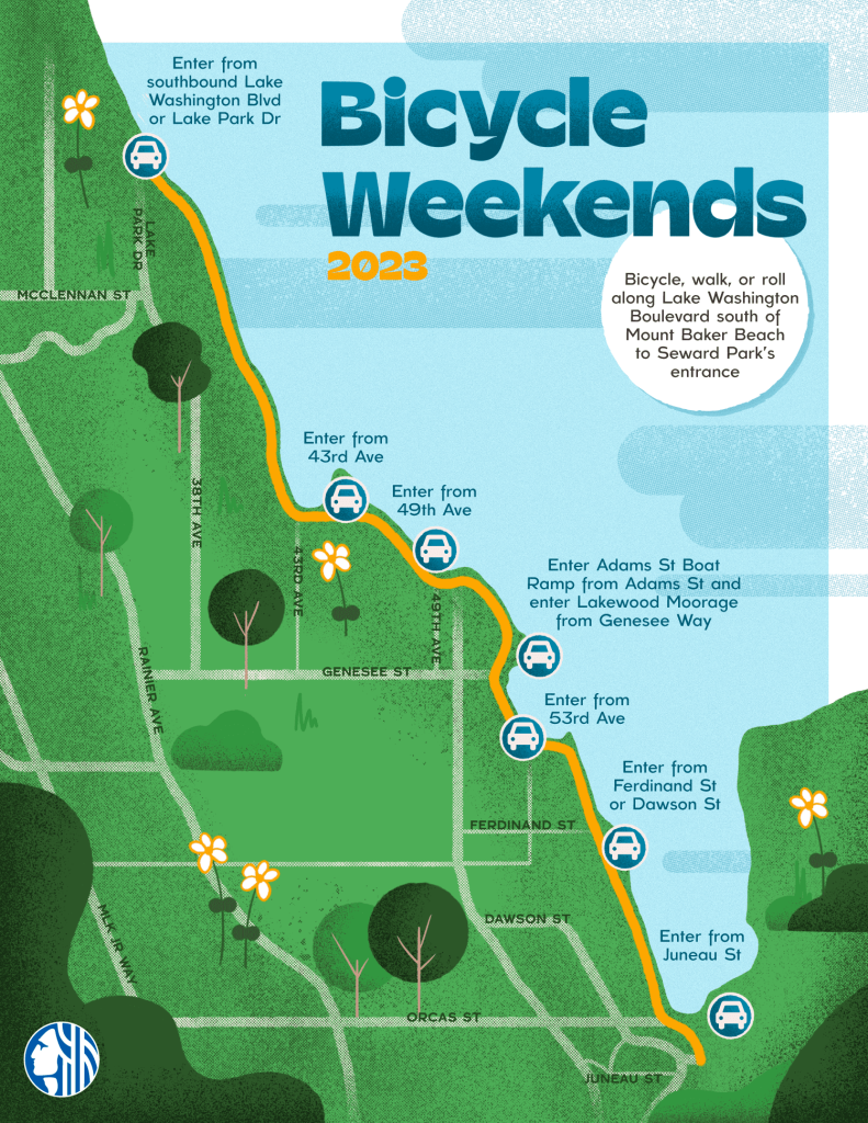 A map of southeast Seattle with Lake Washington Blvd highlighted in orange on a green background, car icons on parking lots
