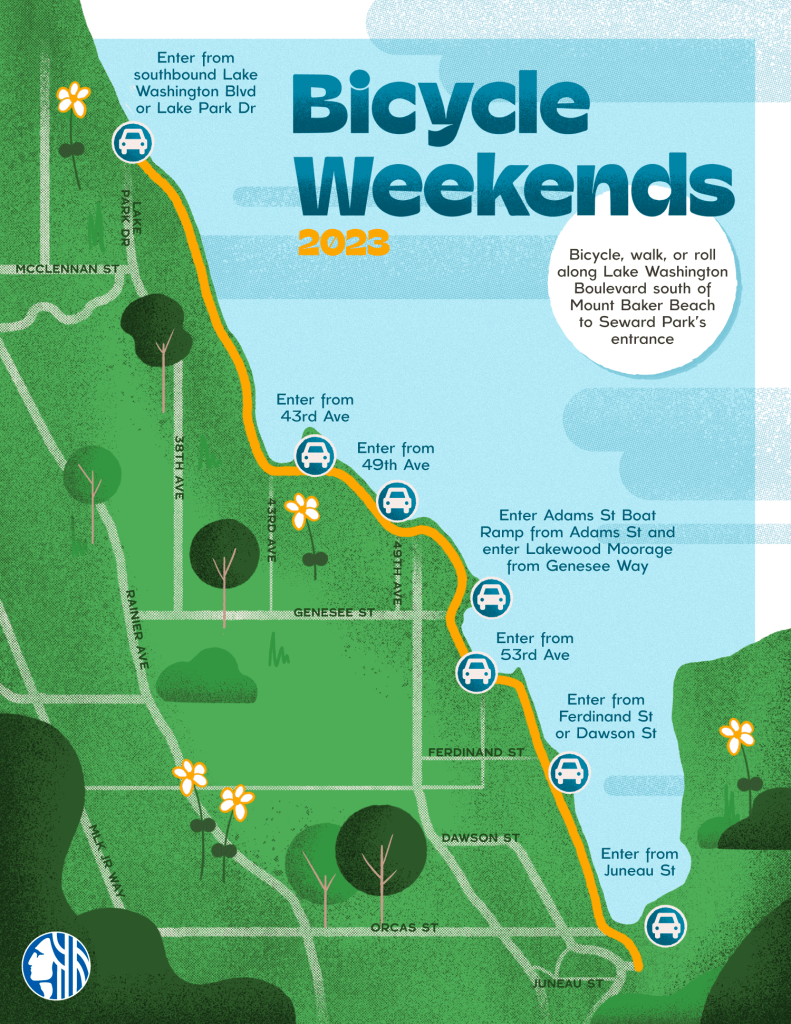 A map of southeast Seattle with Lake Washington Blvd highlighted  in orange on a green background, car icons on parking lots