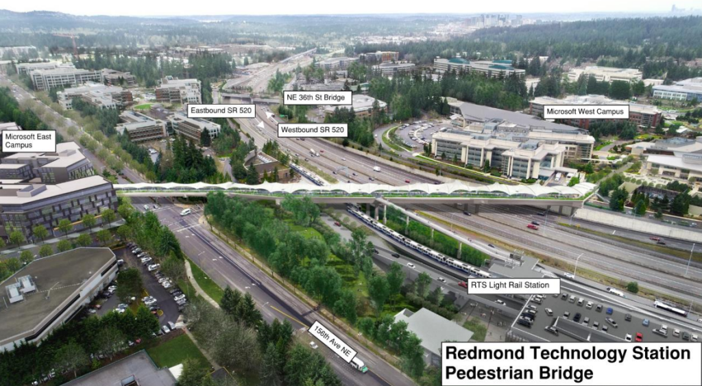 Aerial photograph of the new Redmond Technology Station multi-use trail covered bridge across SR-520 near 156th Avenue NE.