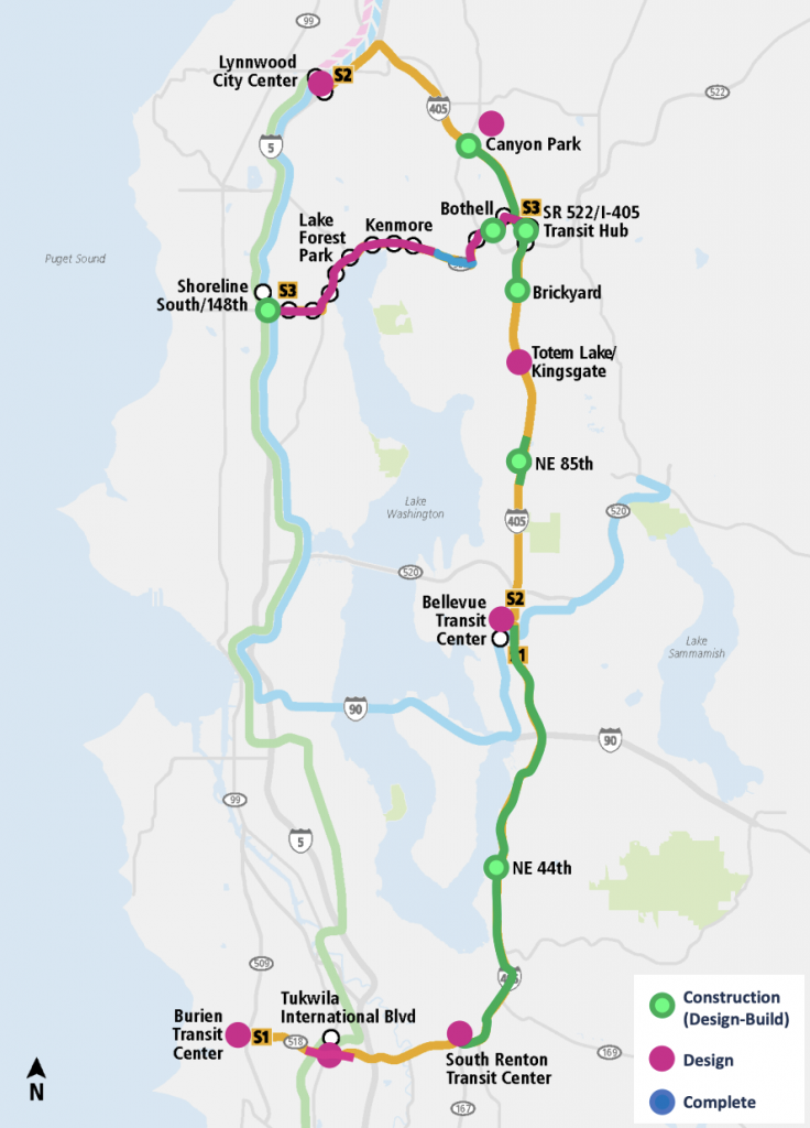 Sound Transit Map with green route showing design build phase of development, red for design phase, and blue for completed phases of the Stride transit lines. For S1 Line, the delayed segments are all in the southern end, while for S2 and S3 problems have emerged in multiple points.