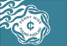 Op-Ed: Seattle is the Capital of Toxic Frugality Recreation of the Seattle flag. Cent sign on a blue back ground with text "Penny Wise Pound Foolish"
