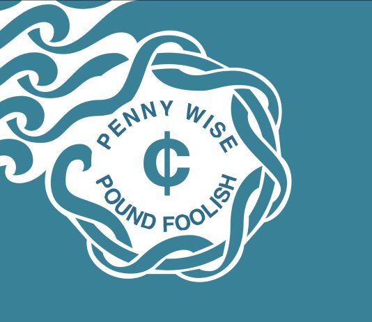 Op-Ed: Seattle is the Capital of Toxic Frugality Recreation of the Seattle flag. Cent sign on a blue back ground with text "Penny Wise Pound Foolish"