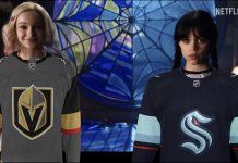 Las Vegas is Seattle’s True Twin City Promotional photo from the show Wednesday with colorful Enid on the left wearing a Vegas Golden Knights sweater and dark Wednesday Addams wearing a Seattle Kraken sweater.