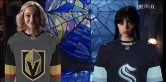 Promotional photo from the show Wednesday with colorful Enid on the left wearing a Vegas Golden Knights sweater and dark Wednesday Addams wearing a Seattle Kraken sweater.