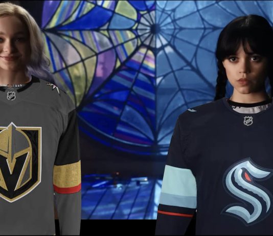 Las Vegas is Seattle’s True Twin City Promotional photo from the show Wednesday with colorful Enid on the left wearing a Vegas Golden Knights sweater and dark Wednesday Addams wearing a Seattle Kraken sweater.