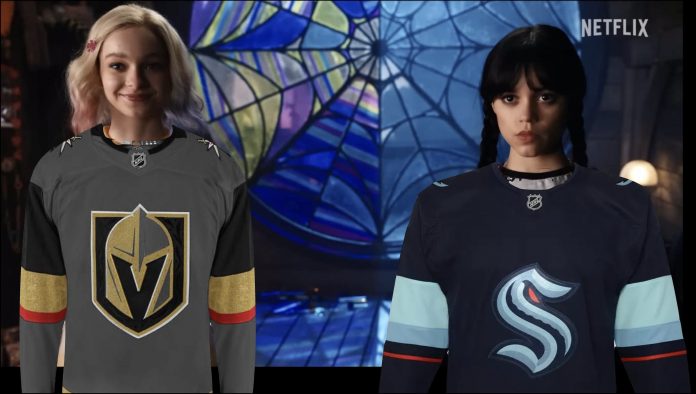 Promotional photo from the show Wednesday with colorful Enid on the left wearing a Vegas Golden Knights sweater and dark Wednesday Addams wearing a Seattle Kraken sweater.