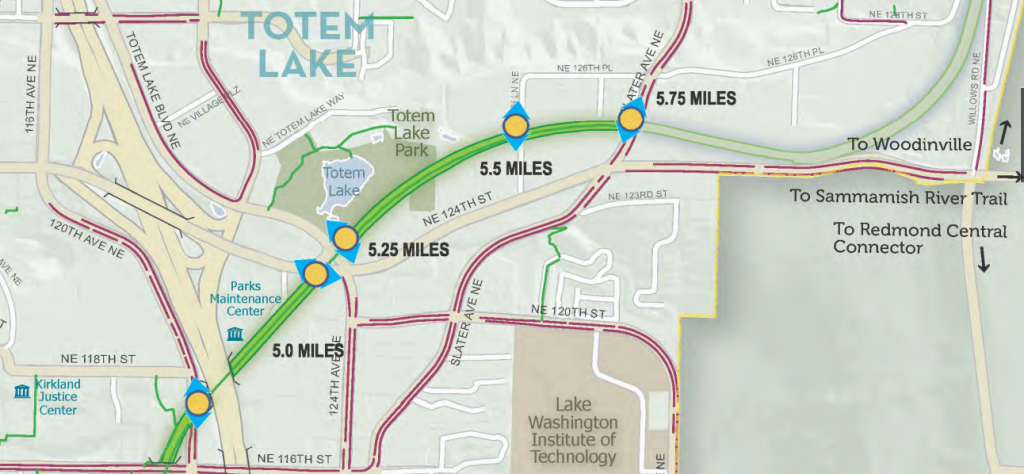 Map of the Totem Lake area showing in green the route and road crossings of the new Totem Lake Connector multi-use trail being developed. 