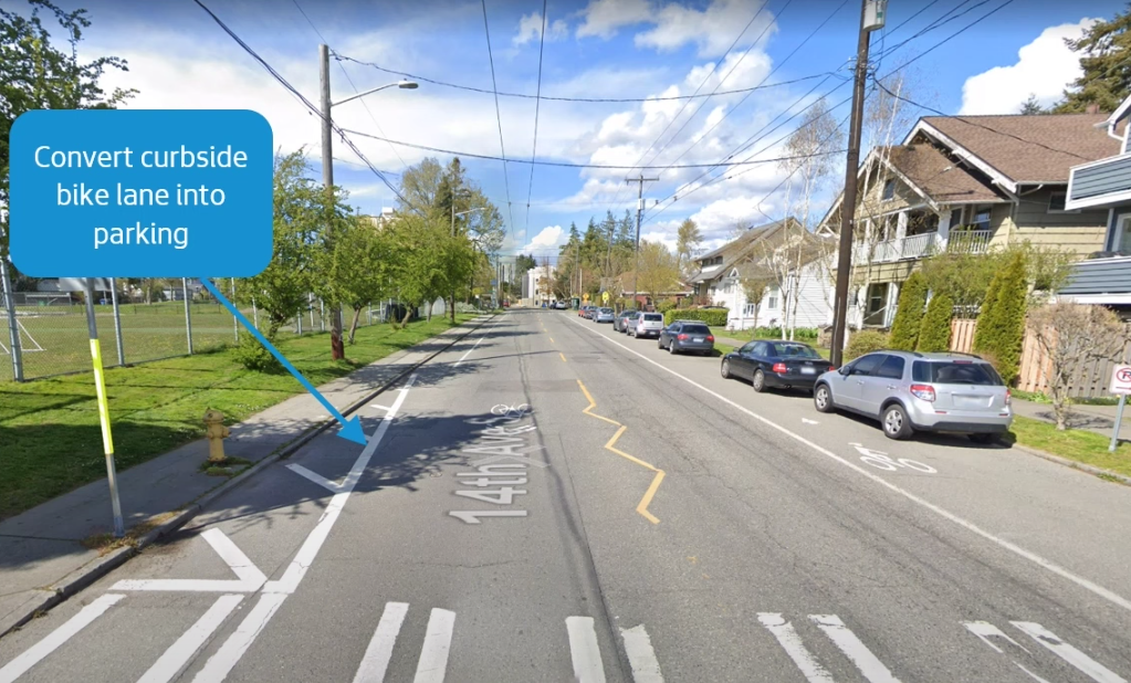 Looking down 14th Avenue S on Beacon Hill at are proposed to be converted to car parking.