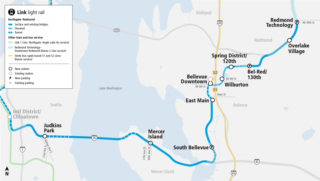 Lake Washington map view showing the multi-use trail route from Judkins Park in Seattle and across the I-90 bridge to Overlake Village and the Redmond Technology campus. New bridges will cross State Route 520.