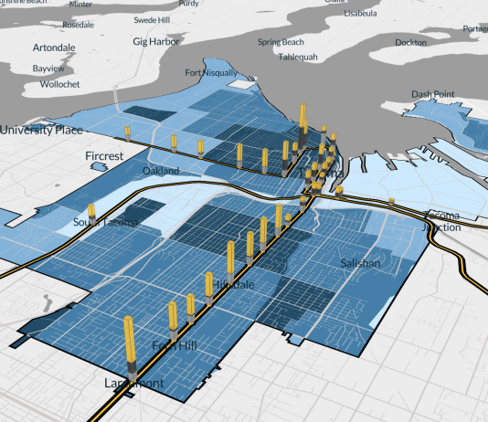 New Tool Visualizes Housing Near Transit in Puget Sound Cities An aerial view of Tacoma showing population density and potential new housing that could be created by transit stations.