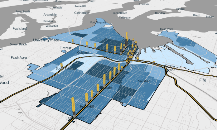 An aerial view of Tacoma showing population density and potential new housing that could be created by transit stations.