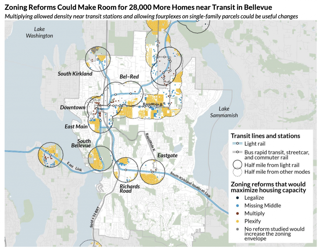 A map of Bellevue shows how zoning reforms could create 28,000 new homes near transit.