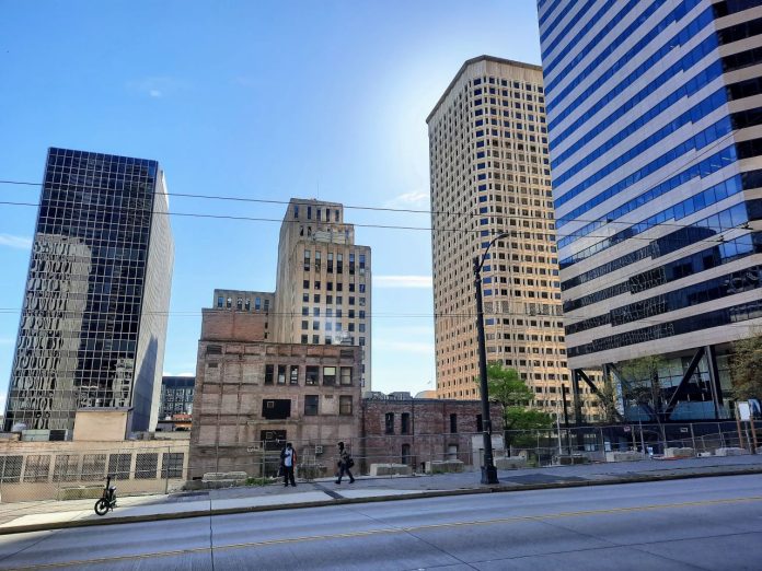 Third Avenue with South Downtown office towers 20220514 Doug Trumm Third Avenue near Madison Avenue with office towers, some of the historic, in the background.