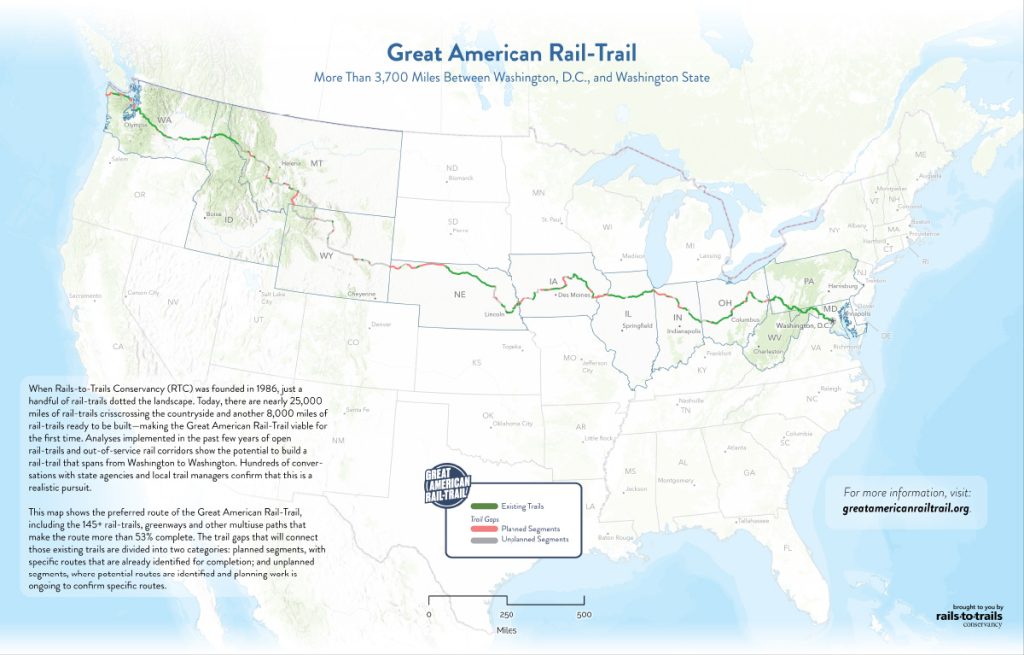 A map shows the planned trail route through Washington, Idaho, Montana, Wyoming, Nebraska, Iowa, Illinois, Indiana, Ohio, Pennsylvania, and Maryland before arriving in Washington DC.