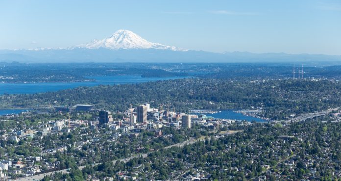 Aerial of the Central Puget Sound with its many highways and single family homes