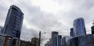 Looking towards the stations site clustered near the Denny and Westlake intersection with shiny highrises on all sides.