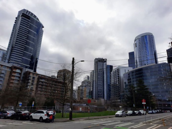 Looking towards the stations site clustered near the Denny and Westlake intersection with shiny highrises on all sides.