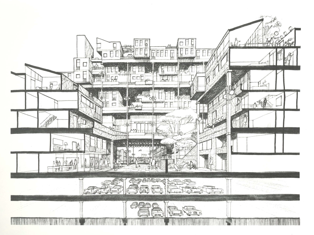 a black and white drawing of a large development with parking beneath made of precast concrete