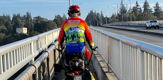 Bicycle with saddlebags barely fits on the 3.5 foot Warren Avenue Bridge crossing.