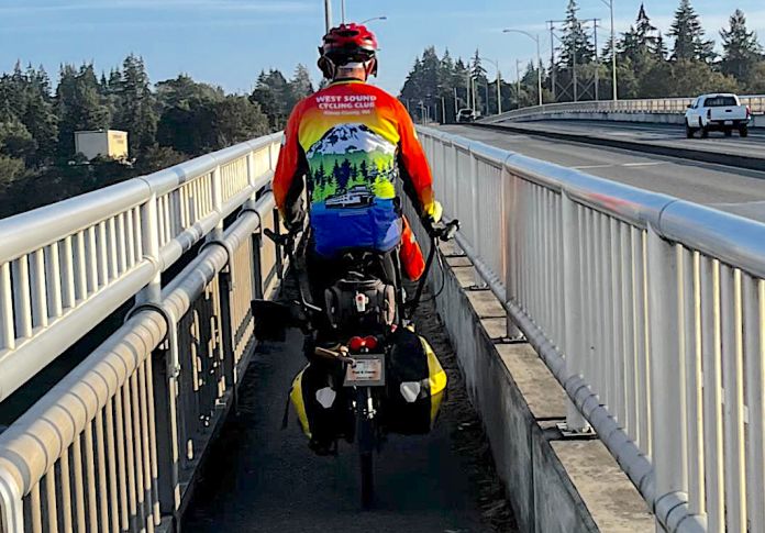 Bicycle with saddlebags barely fits on the 3.5 foot Warren Avenue Bridge crossing.