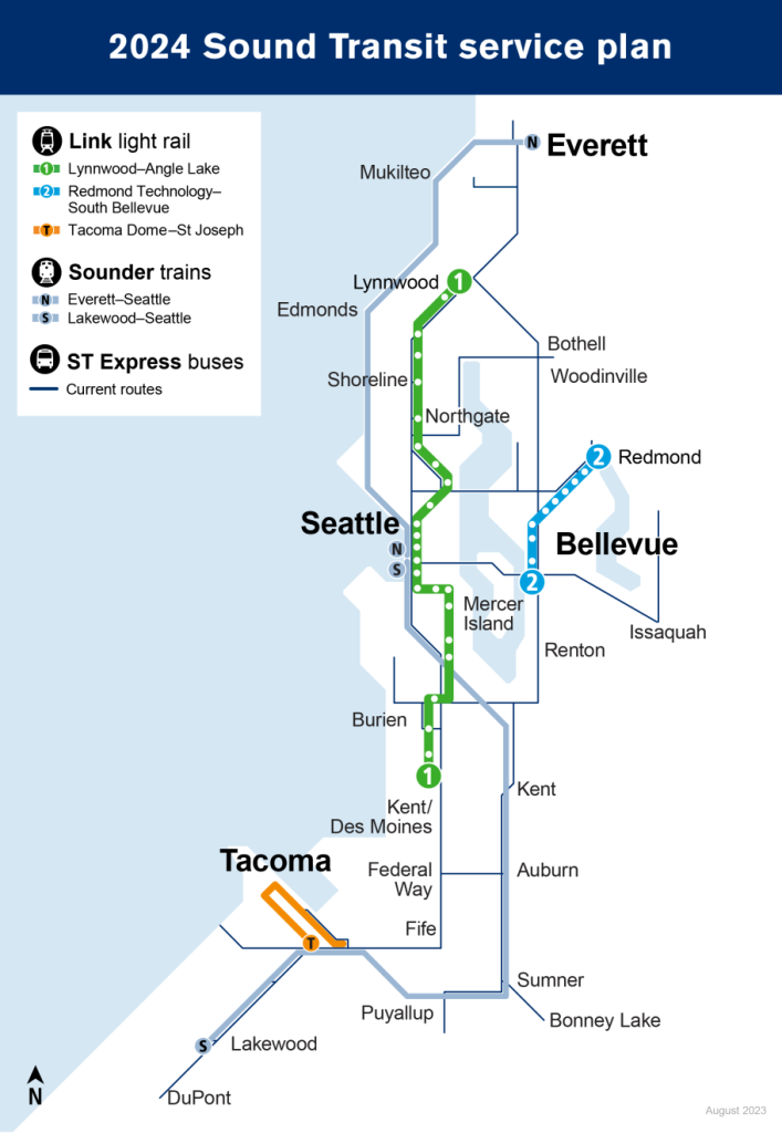 The 2024 Sound Transit service plan map shows the 1 Line extending north to Lynnwood and the 2 Line on the Eastside only. The T Line in Tacoma runs to Hilltop. 