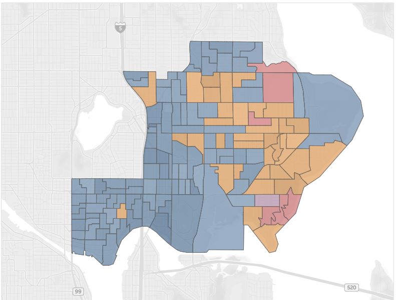 Davis blue predominates in Wallingford, the U District, and Roosevelt.