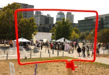Curiosity-Themed 2023 Seattle Design Festival Is Underway Looking through a discussion bubble frame at the Block Party activities with the skyline behind.