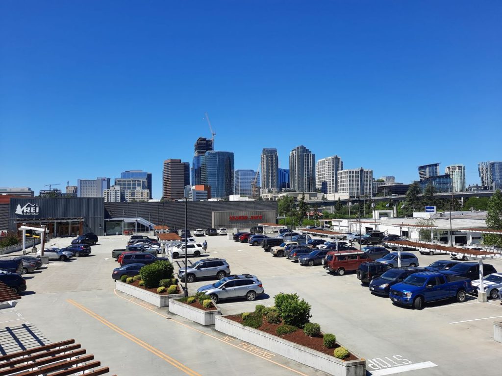 The Bellevue skyline viewed from the REI parking lot in Wilburton.