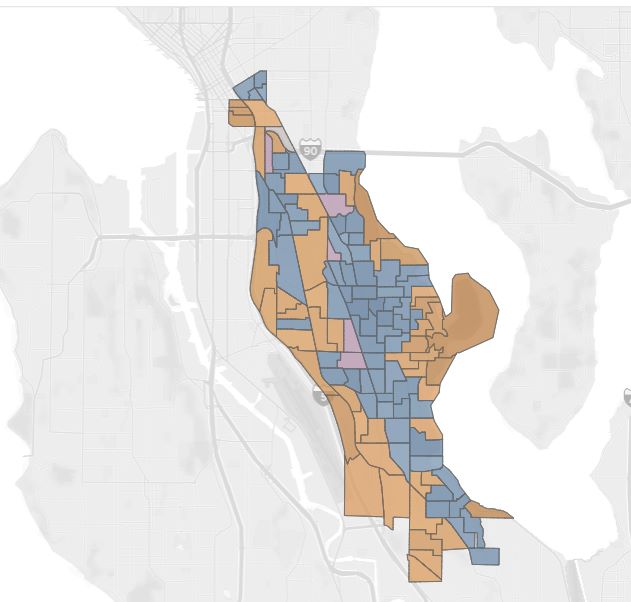 Blue is heaviest along the Rainier Valley while orange is along the Lake Washington cost, on the western edge of Beacon Hill, and in Little Saigon.