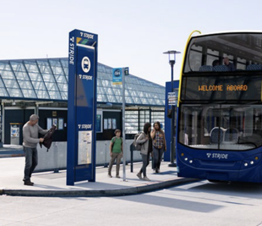 Sound Transit Selects Private Bus Operator for Stride BRT Network A double decker bus is rendered in Stride livery sitting at a bus station.