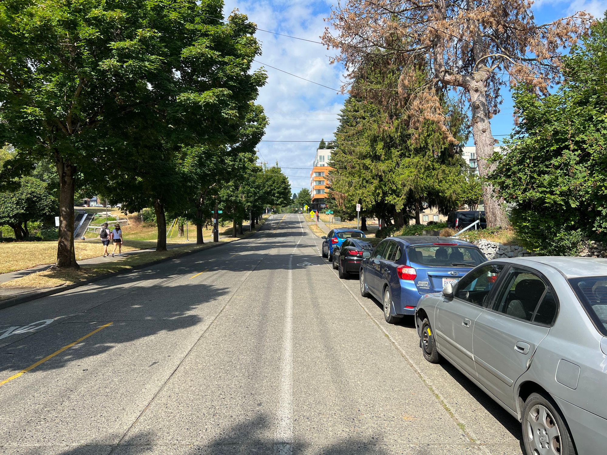 A bike lane headed westbound on South Othello St