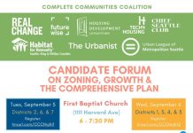 Seattle Council Candidates to Square Off in Forum on Housing and Zoning Policy A "Candidate Forum on Zoning, Growth, and the Comprehensive Plan" graphic includes a skyline sketch of Seattle and the logos of CCC members.