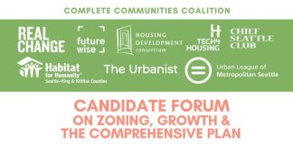 Seattle Council Candidates to Square Off in Forum on Housing and Zoning Policy A "Candidate Forum on Zoning, Growth, and the Comprehensive Plan" graphic includes a skyline sketch of Seattle and the logos of CCC members.