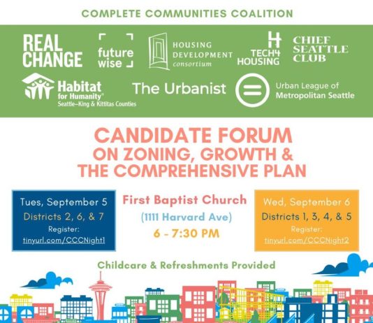 Seattle Council Candidates to Square Off in Forum on Housing and Zoning Policy A "Candidate Forum on Zoning, Growth, and the Comprehensive Plan" graphic includes a skyline sketch of Seattle and the logos of CCC members.