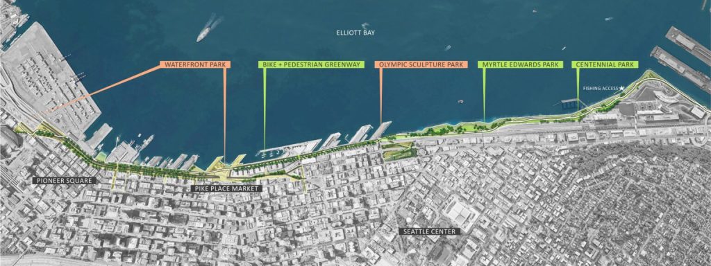 A satellite map of the Seattle waterfront shows the project area.