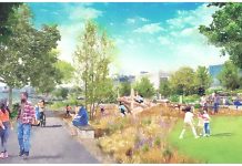 Seattle Waterfront Park Makeover Promises New Greenway and Public Fishing A watercolor depiction shows kids playing and couples walking on the waterfront trail.